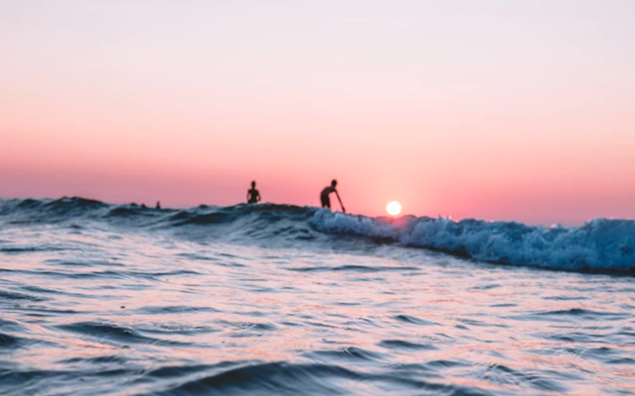 The silhouettes of two surfers riding a small wave. The sun is setting behind them amidst a deep pink sky.